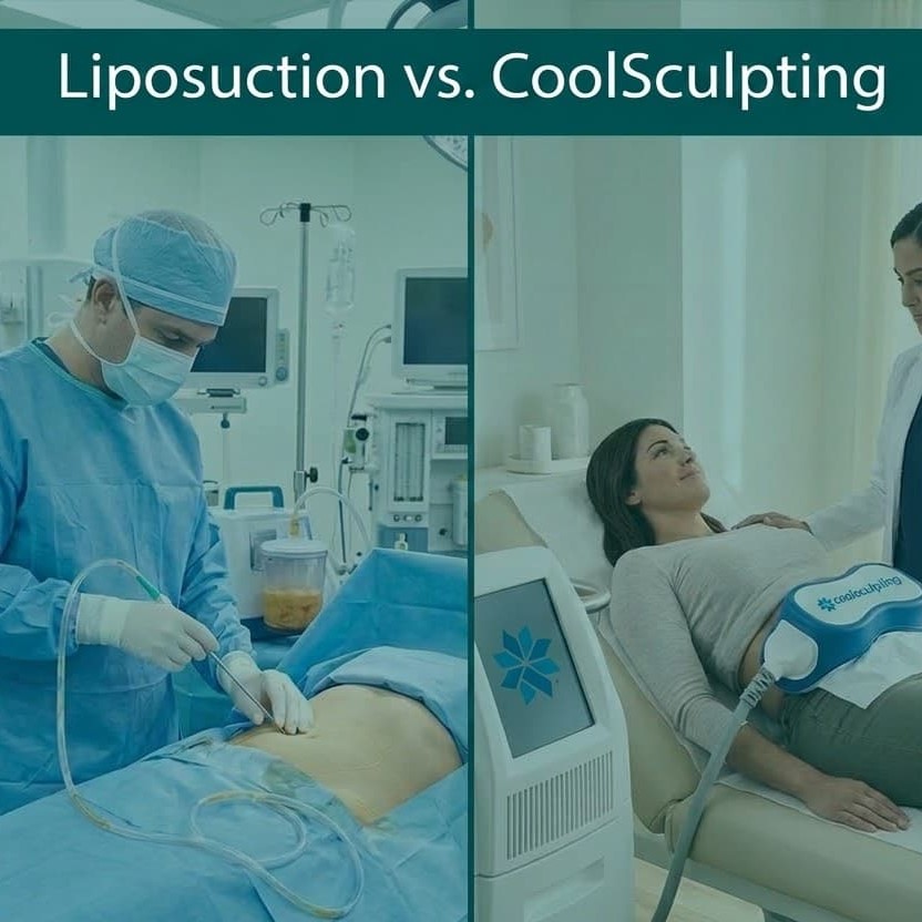 A side-by-side comparison image titled "Liposuction vs. CoolSculpting" showing a surgical procedure on the left and a non-invasive treatment on the right.
